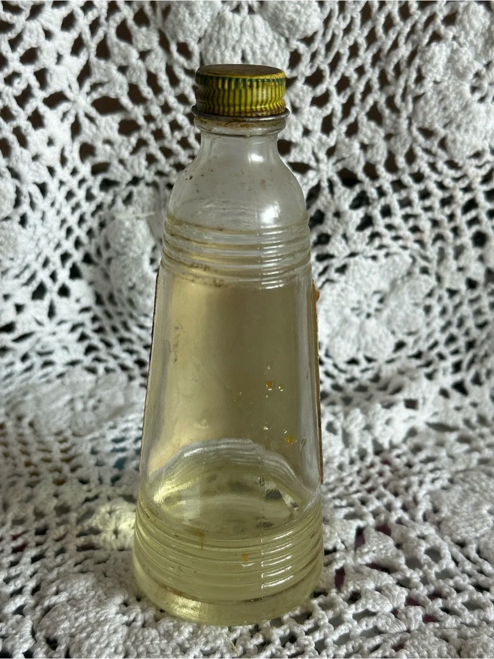 Vintage Pompeian Olive Oil - Clear Bottle with Blue Label, MCM, Kitchen Prop